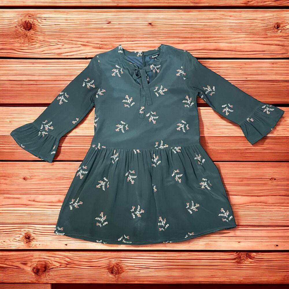 Madewell Silk Tie-Neck Dress Wild Botanic Floral Green Bell Sleeve Size M